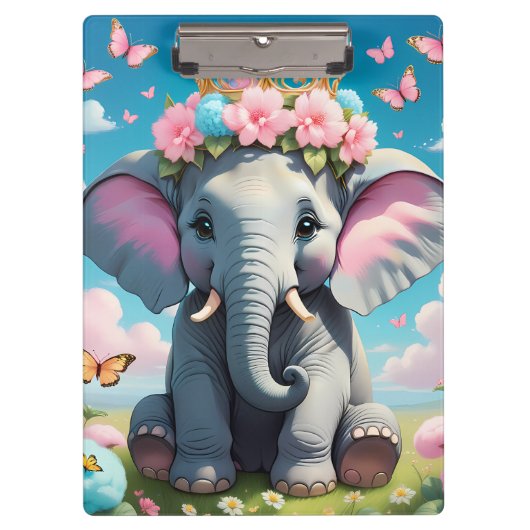 Schattigee olifant met bloemkroon klembord (Voorkant)
