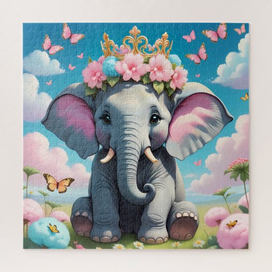 Schattigee olifant met bloemkroon legpuzzel (Verticaal)
