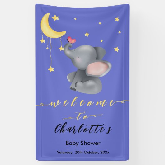 Schattigee olifant met kleine vlinder Baby shower Spandoek (Verticaal)
