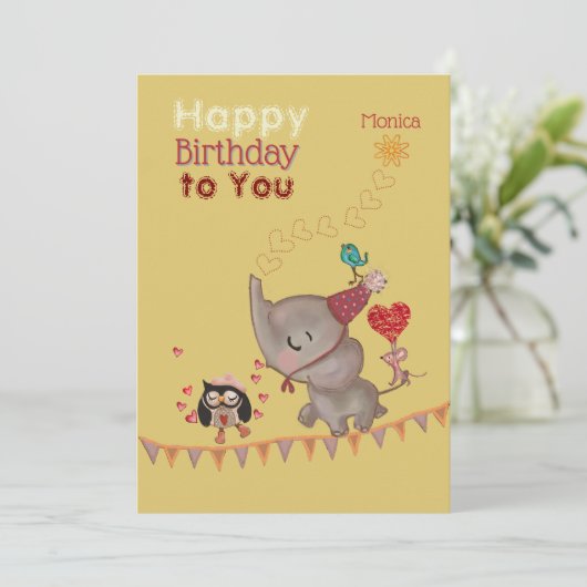 Schattigee Olifant & Muis Gele Verjaardag Kaart (Staand voorkant)
