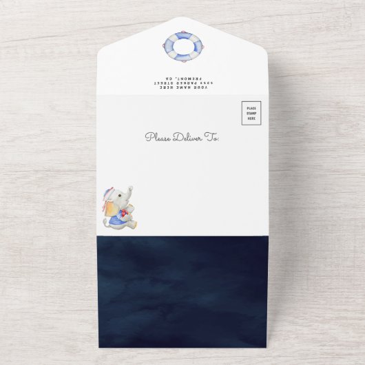 Schattigee olifant nautische boot marine blauw Bab All In One Uitnodiging (Buitenkant)