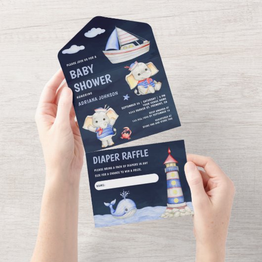 Schattigee olifant nautische boot marine blauw Bab All In One Uitnodiging (Afscheurbaar)