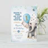 Schattigee olifant nu je verjaardagsballonfeestje kaart (Staand voorkant)