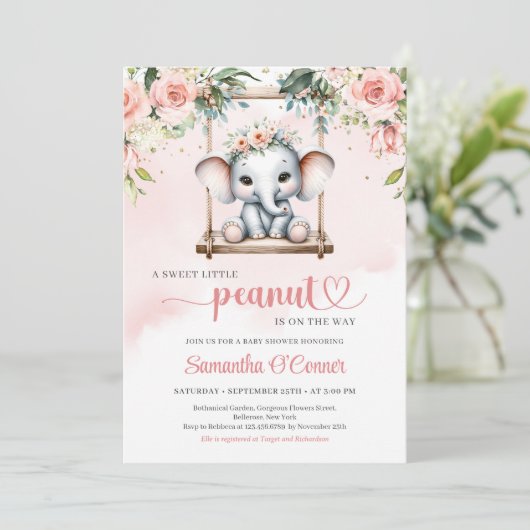 Schattigee olifant op schommel blozen rozen groen kaart (Staand voorkant)