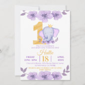 Schattigee olifant Paarse bloem 1e verjaardag Kaart (Voorkant)