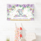 Schattigee Olifant Paarse Bloemen Baby shower Acht Spandoek (Insitu)
