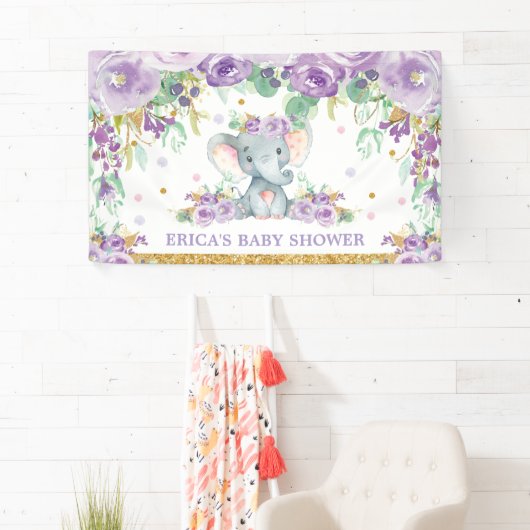 Schattigee Olifant Paarse Bloemen Baby shower Acht Spandoek (Insitu)