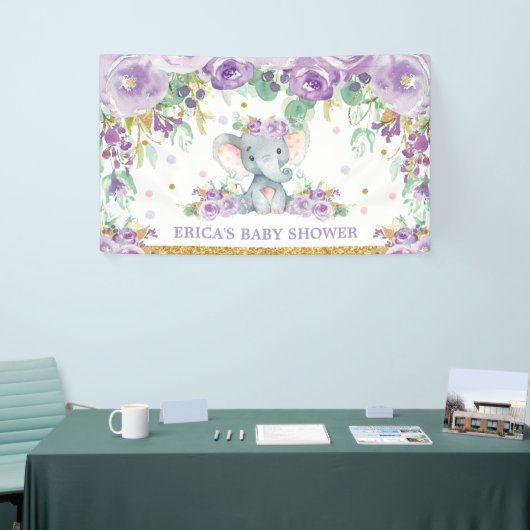 Schattigee Olifant Paarse Bloemen Baby shower Acht Spandoek (Beurs)