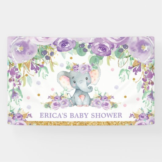 Schattigee Olifant Paarse Bloemen Baby shower Acht Spandoek (Horizontaal)