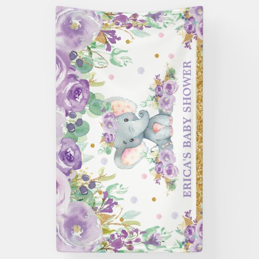 Schattigee Olifant Paarse Bloemen Baby shower Acht Spandoek (Verticaal)