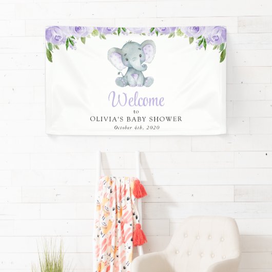 Schattigee olifant, paarse bloemen, Baby shower we Spandoek (Insitu)