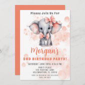 Schattigee olifant perzik verjaardagsfeestje kaart (Voorkant / Achterkant)