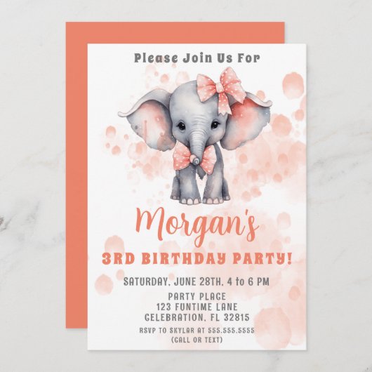 Schattigee olifant perzik verjaardagsfeestje kaart (Voorkant / Achterkant)