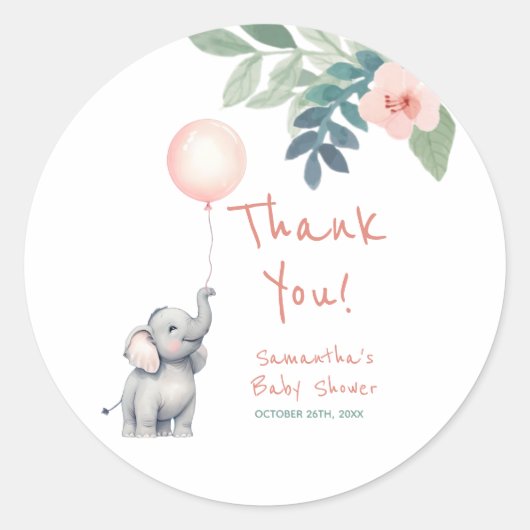 Schattigee olifant roze meisje Baby shower dank u Ronde Sticker (Voorkant)