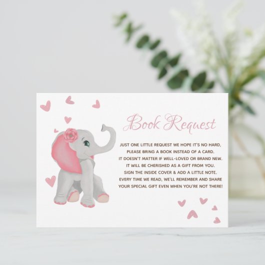 Schattigee olifant roze meisje boek aanvraag Baby  Informatiekaartje (Staand voorkant)