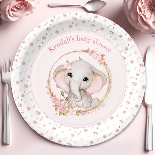Schattigee olifant roze rozen Baby shower papier B Papieren Bordje