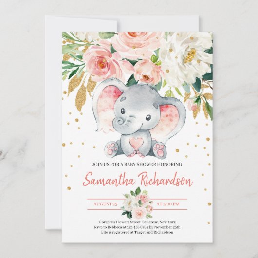 Schattigee olifant rustieke BLush Roze FLoral Baby Kaart (Voorkant)