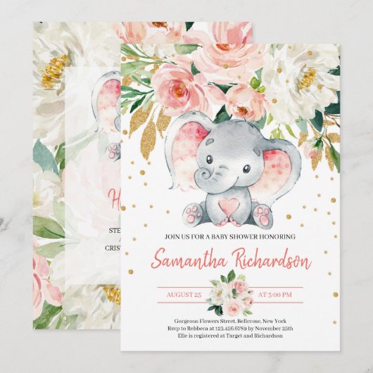 Schattigee olifant rustieke BLush Roze FLoral Baby Kaart (Voorkant / Achterkant)
