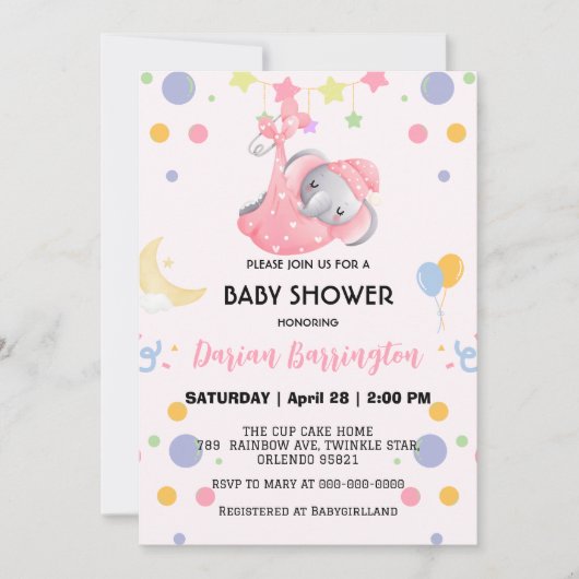 Schattigee olifant ster ballon baby shower partij  kaart (Voorkant)