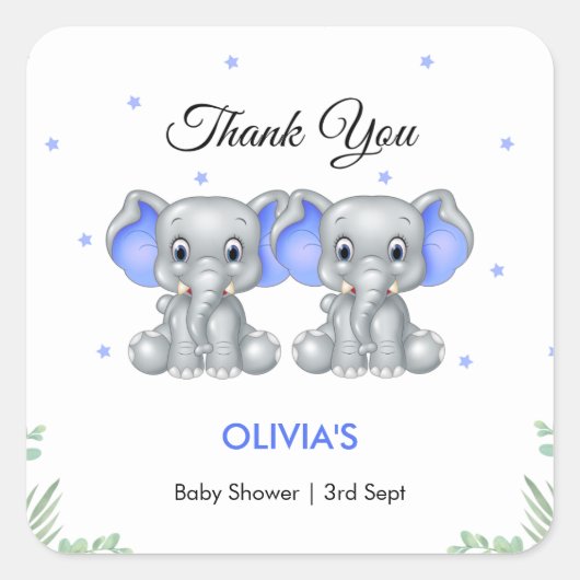 Schattigee Olifant Twin Boys Baby shower Dank u Vierkante Sticker (Voorkant)