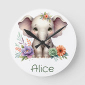 Schattigee olifant Waterverf met monogram naam | Ronde Klok (Voorkant)