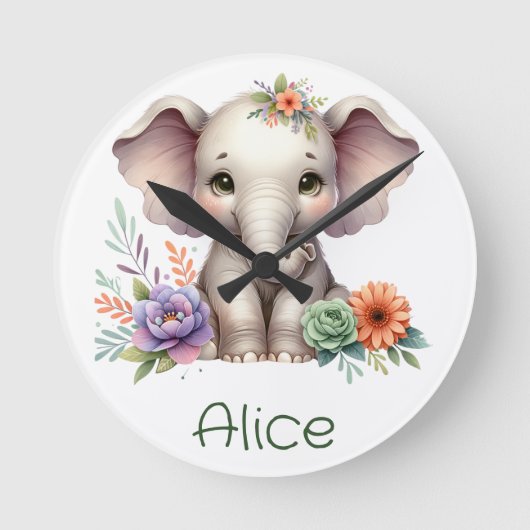 Schattigee olifant Waterverf met monogram naam | Ronde Klok (Voorkant)