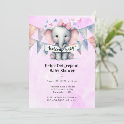 Schattigee olifant welkom meisje Baby shower Kaart (Staand voorkant)