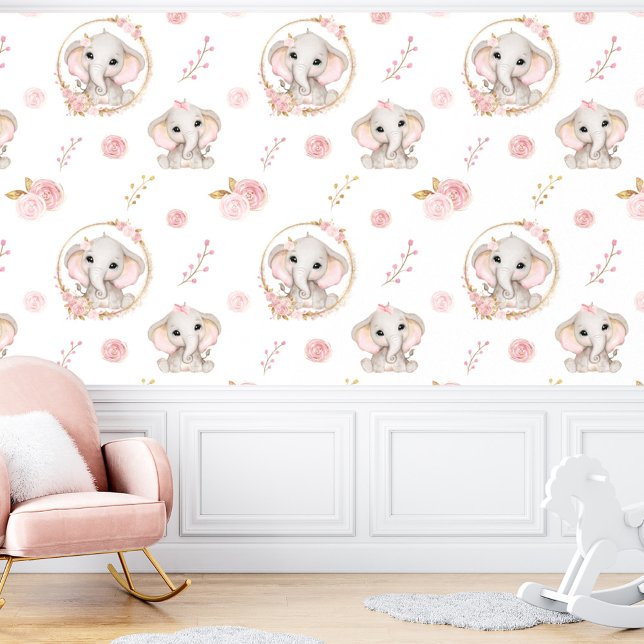 Schattigee olifant wit roze bloemmeisje behang (Cute Elephant White Pink Floral Girl Wallpaper)