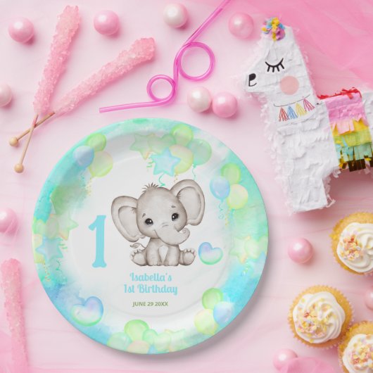 Schattigee Olifant Zomer Kleurrijke Jongen 1e Verj Papieren Bordje (Feest)