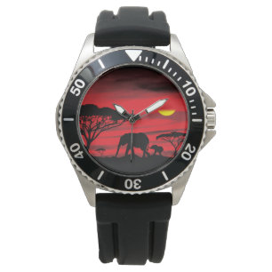 Schattigee Olifanten in de Serenegti Zonsondergang Horloge