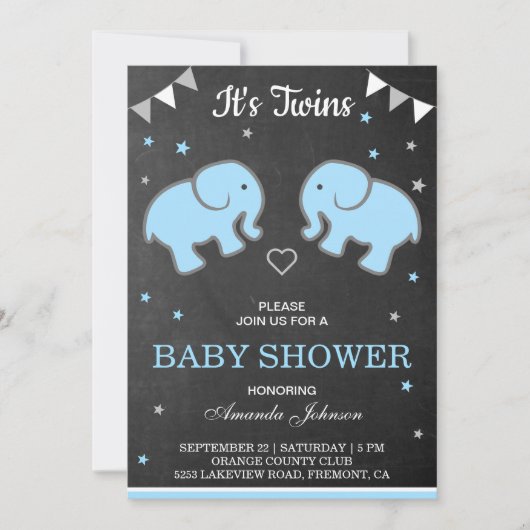 Schattigee Olifanten Twin Boys Baby shower Uitnodi Kaart (Voorkant)