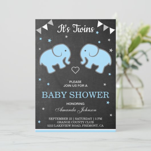 Schattigee Olifanten Twin Boys Baby shower Uitnodi Kaart (Staand voorkant)