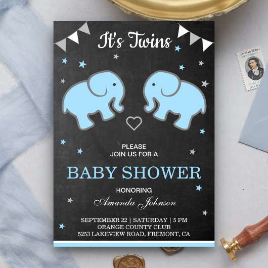 Schattigee Olifanten Twin Boys Baby shower Uitnodi Kaart