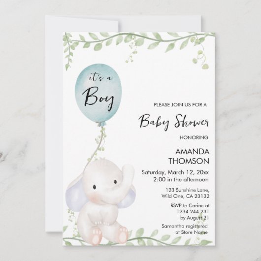 Schattigee Olifantenballon baby shower Uitnodiging (Voorkant)