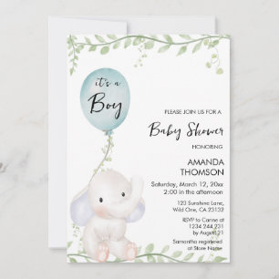Schattigee Olifantenballon baby shower Uitnodiging