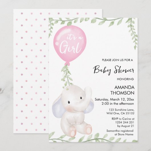 Schattigee Olifantenballon baby shower Uitnodiging (Voorkant / Achterkant)