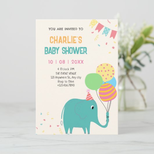 Schattigee olifantenballonnen baby shower kaart (Staand voorkant)
