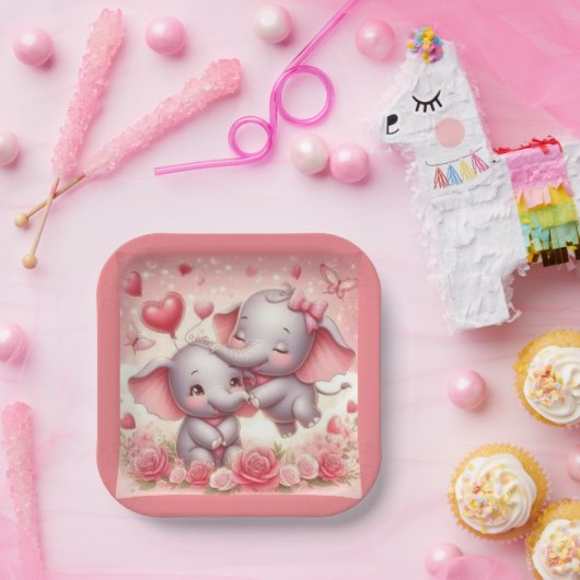 Schattigee olifantenknuffels, harten en Rozen Papieren Bordje (Feest)