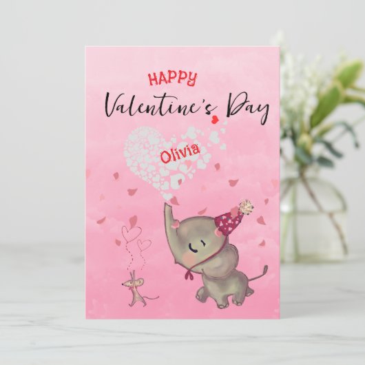 Schattigee olifantenmuis Valentijn roze Feestdagenkaart (Staand voorkant)