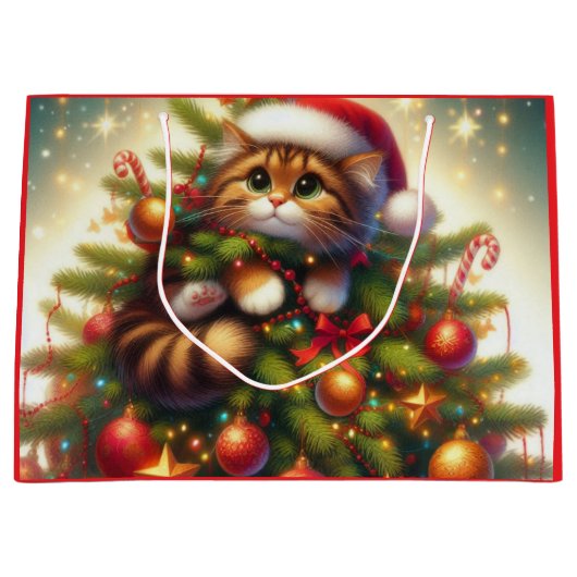 Schattigee, ondeugende kat in de kerstboom groot cadeauzakje (Voorkant)