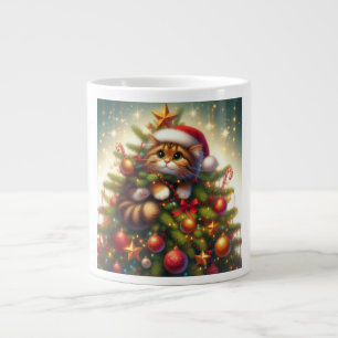 Schattigee, ondeugende kat in de kerstboom grote koffiekop