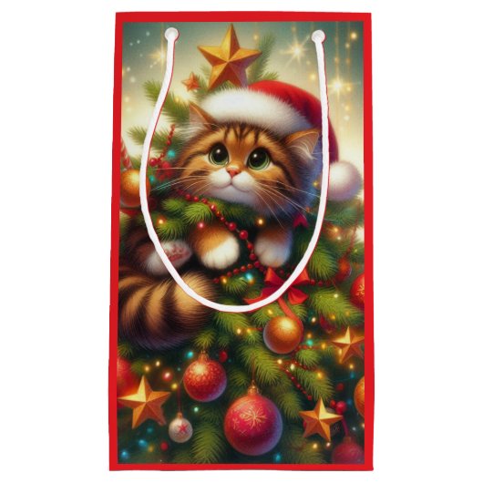 Schattigee, ondeugende kat in de kerstboom klein cadeauzakje (Voorkant)