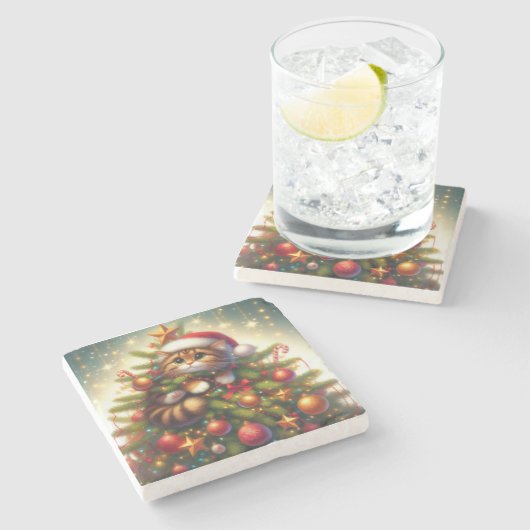 Schattigee, ondeugende kat in de kerstboom stenen onderzetter (Zijkant)