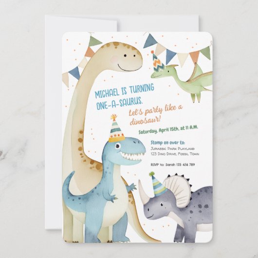 Schattigee One-A-Saurus Boy 1e Dinomite Party Kaart (Voorkant)