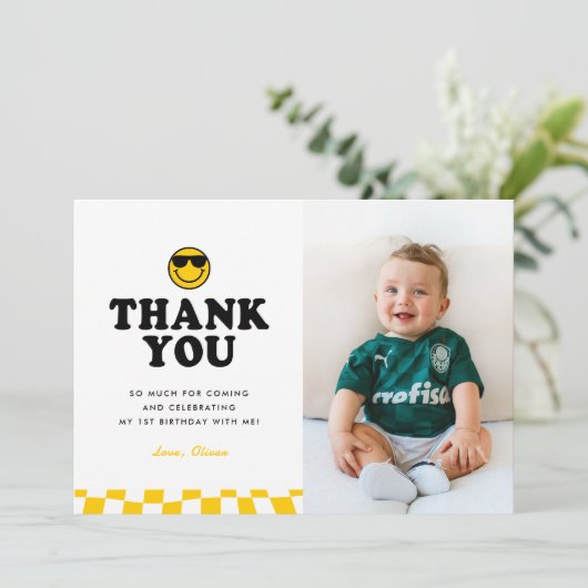 Schattigee One Cool Dude Smile Photo Boy 1e verjaa Bedankkaart (Staand voorkant)