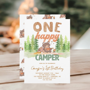 Schattigee One Happy Camper 1e verjaardag Uitnodig Kaart