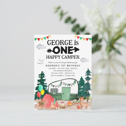 Schattigee ONE Happy Camper Bossen Camping 1e Verj Briefkaart (Staand voorkant)