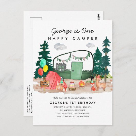 Schattigee ONE Happy Camper Forest Camping 1e Verj Briefkaart (Voorkant / Achterkant)