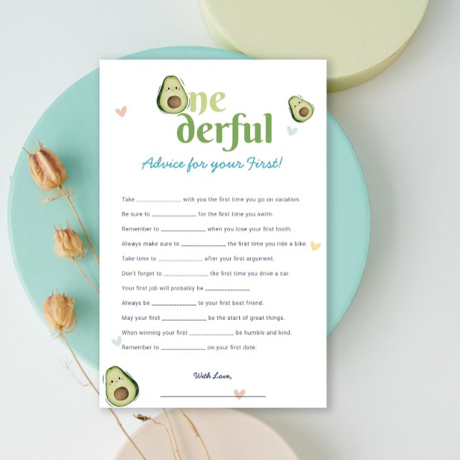 Schattigee Onederful Avocado 1e Verjaardag Advies  (Cute Onederful Avocado 1st Birthday Advice Card)