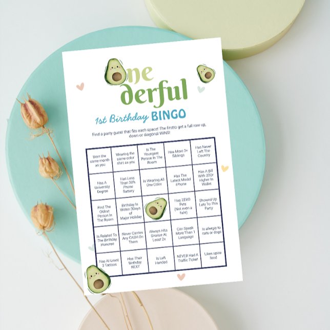 Schattigee Onederful avocado 1e verjaardag bingoga (Cute Onederful Avocado 1st Birthday Bingo Game)
